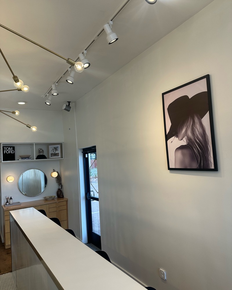 The cowgirl artwork above the lounge counter at Rise Above Beauty Lounge